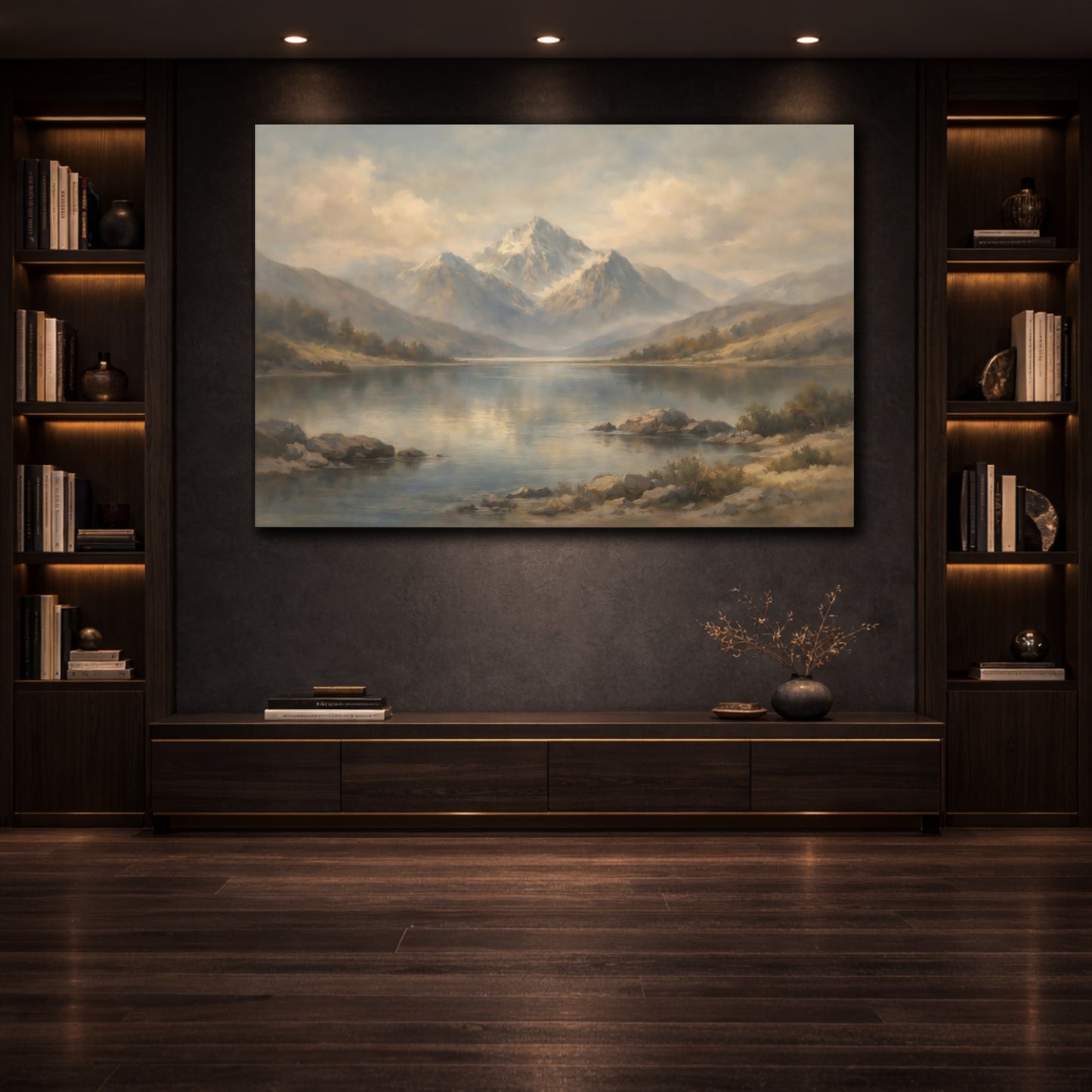 Mockup 3. Nature Misty Mountains Misty Mountains Lake shown as stretched canvas wall art