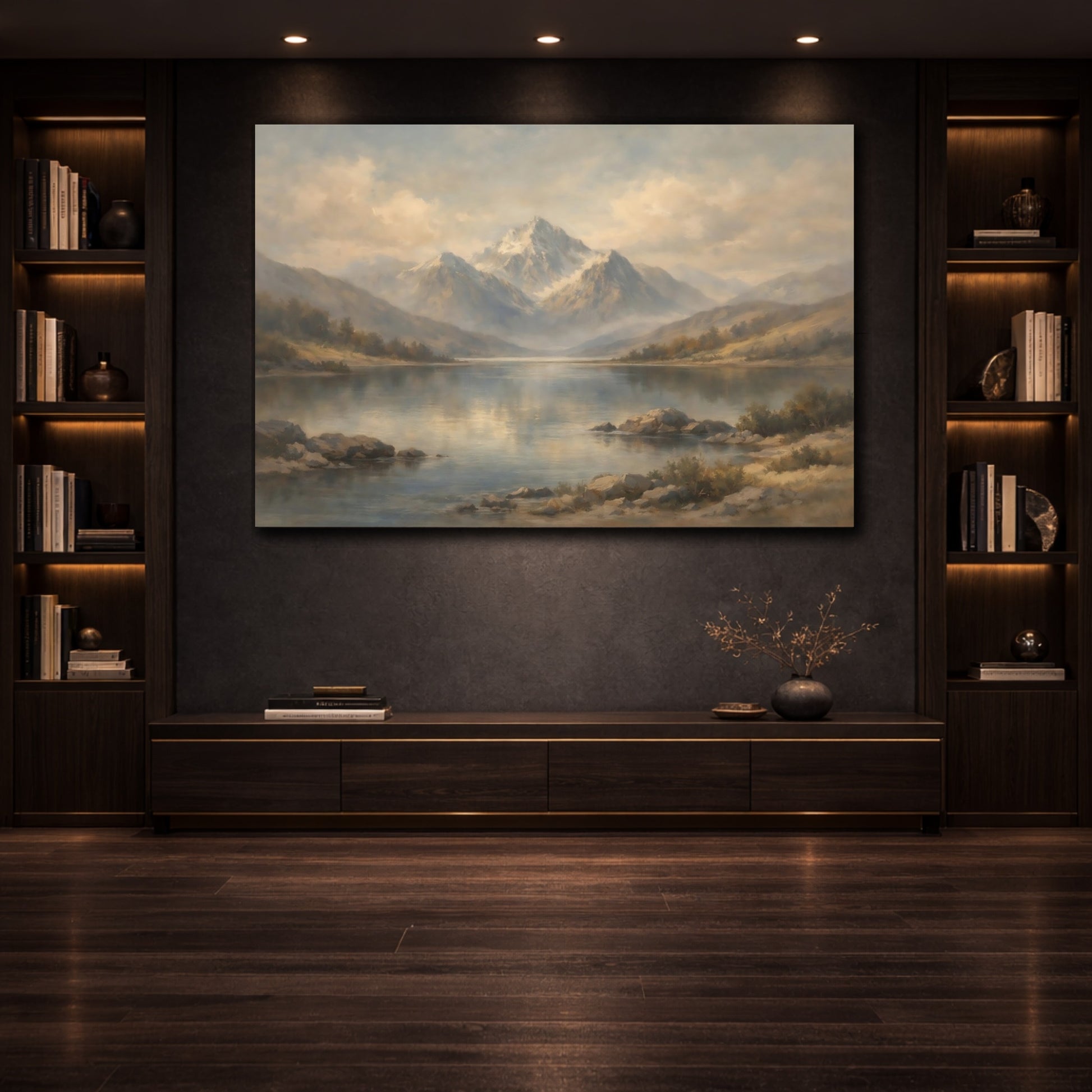 Mockup 3. Nature Misty Mountains Misty Mountains Lake shown as stretched canvas wall art