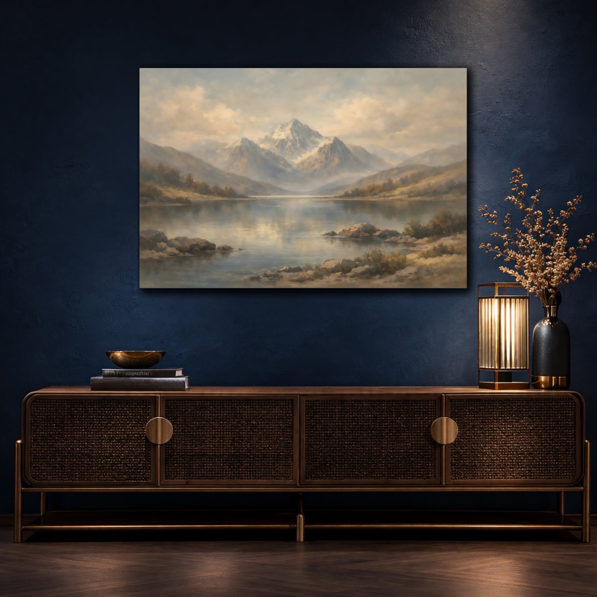 Mockup 4. Nature Misty Mountains Misty Mountains Lake shown as stretched canvas wall art