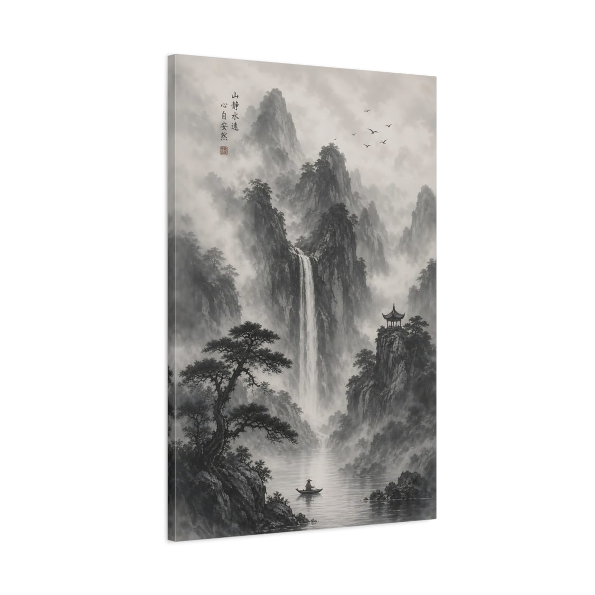Main Mockup. Nature Misty Mountains Monochrome Landscape shown as stretched canvas wall art