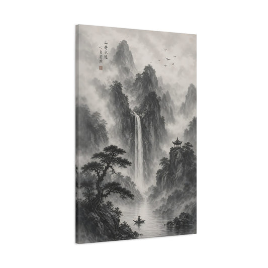 Main Mockup. Nature Misty Mountains Monochrome Landscape shown as stretched canvas wall art