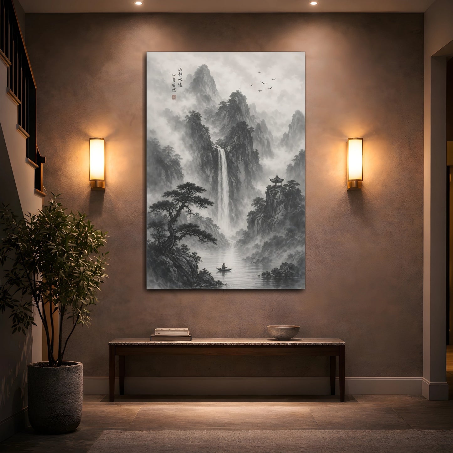 Mockup 2. Nature Misty Mountains Monochrome Landscape shown as stretched canvas wall art