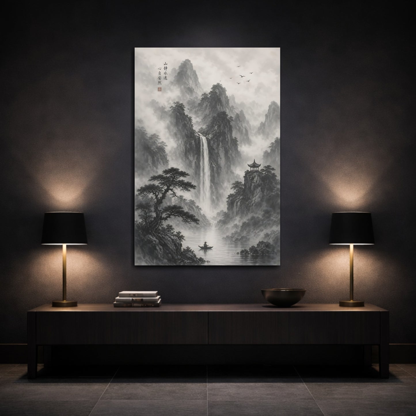 Mockup 3. Nature Misty Mountains Monochrome Landscape shown as stretched canvas wall art
