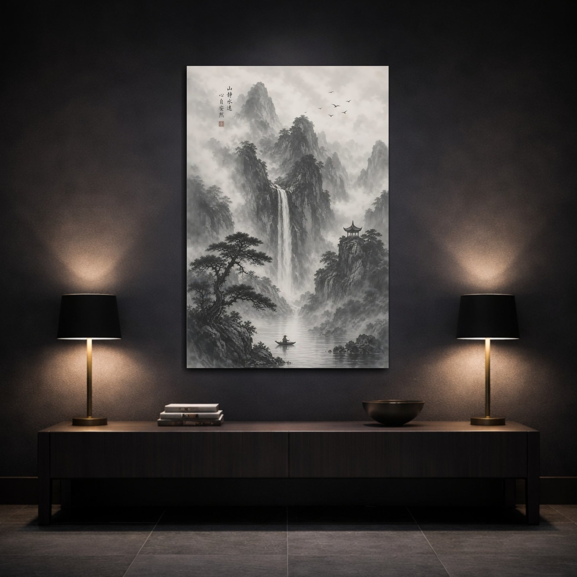 Mockup 3. Nature Misty Mountains Monochrome Landscape shown as stretched canvas wall art