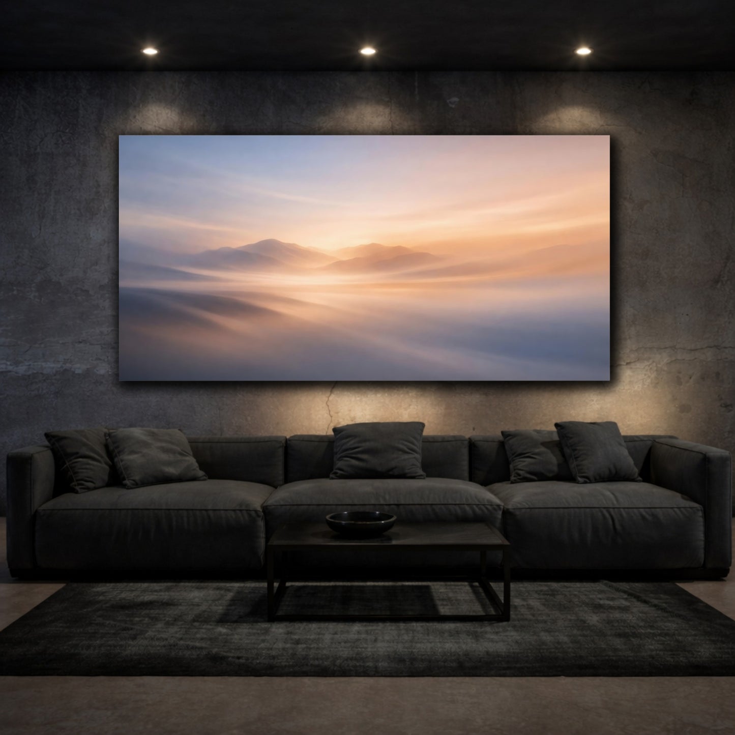 Mockup 2. Nature Misty Mountains Orange And Blue shown as stretched canvas wall art
