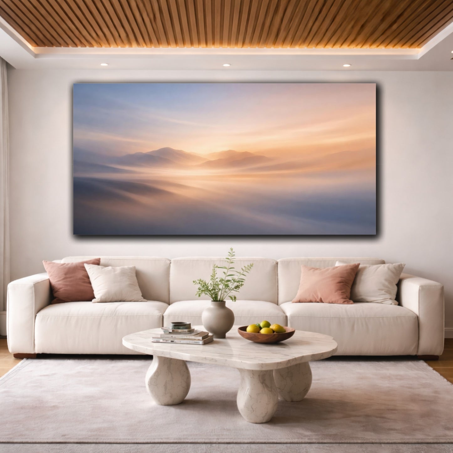 Mockup 3. Nature Misty Mountains Orange And Blue shown as stretched canvas wall art