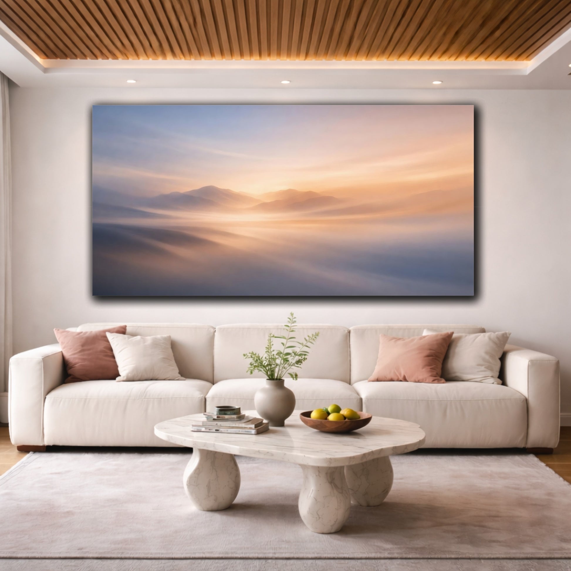 Mockup 3. Nature Misty Mountains Orange And Blue shown as stretched canvas wall art
