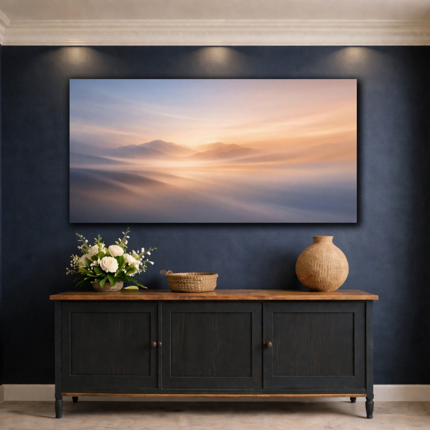 Mockup 4. Nature Misty Mountains Orange And Blue shown as stretched canvas wall art