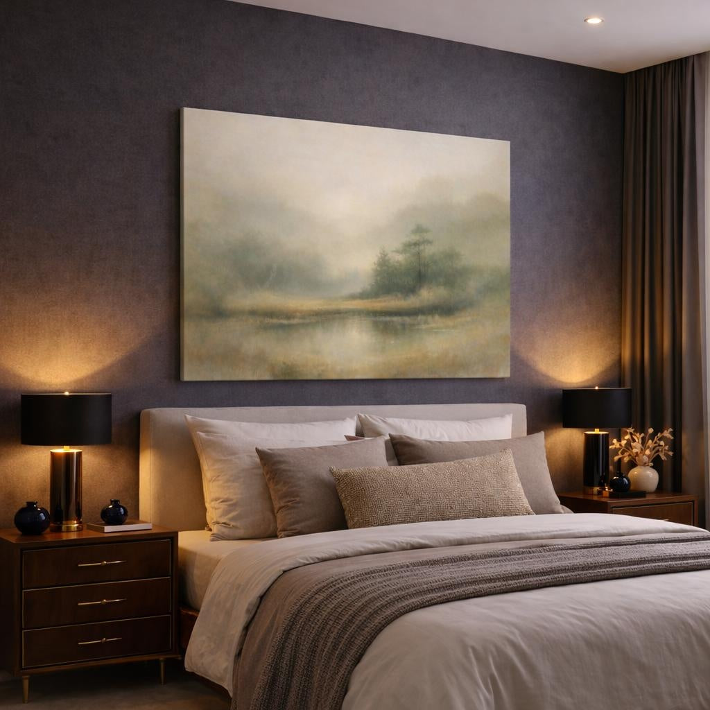Nature Misty Pond Misty Landscape shown as canvas wall art in a luxury bedroom