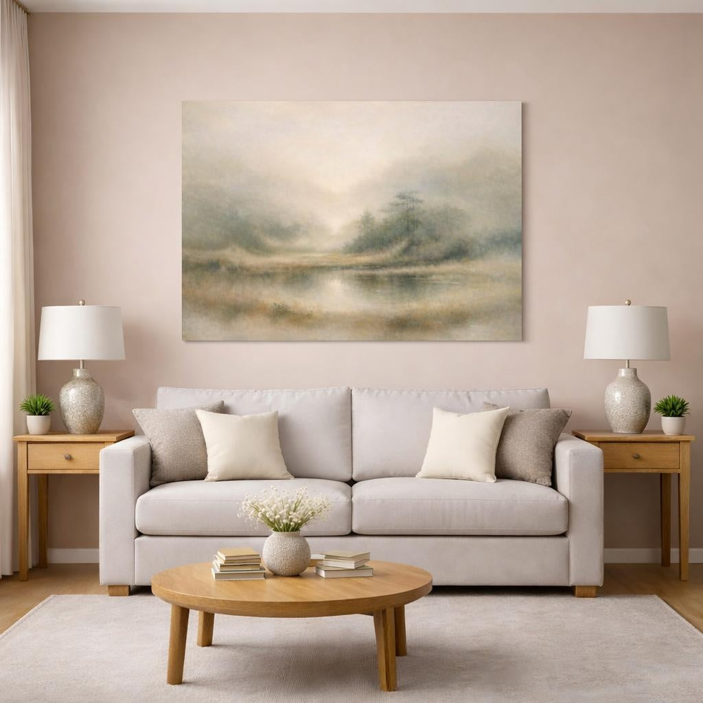 Nature Misty Pond Misty Landscape shown as canvas wall art in a modern living room
