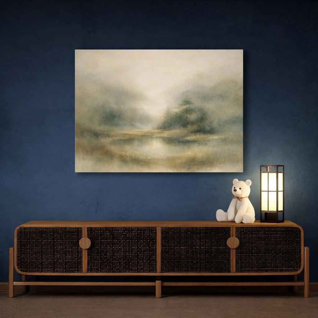 Nature Misty Pond Misty Landscape shown as canvas wall art in a sophisticated contemporary living space