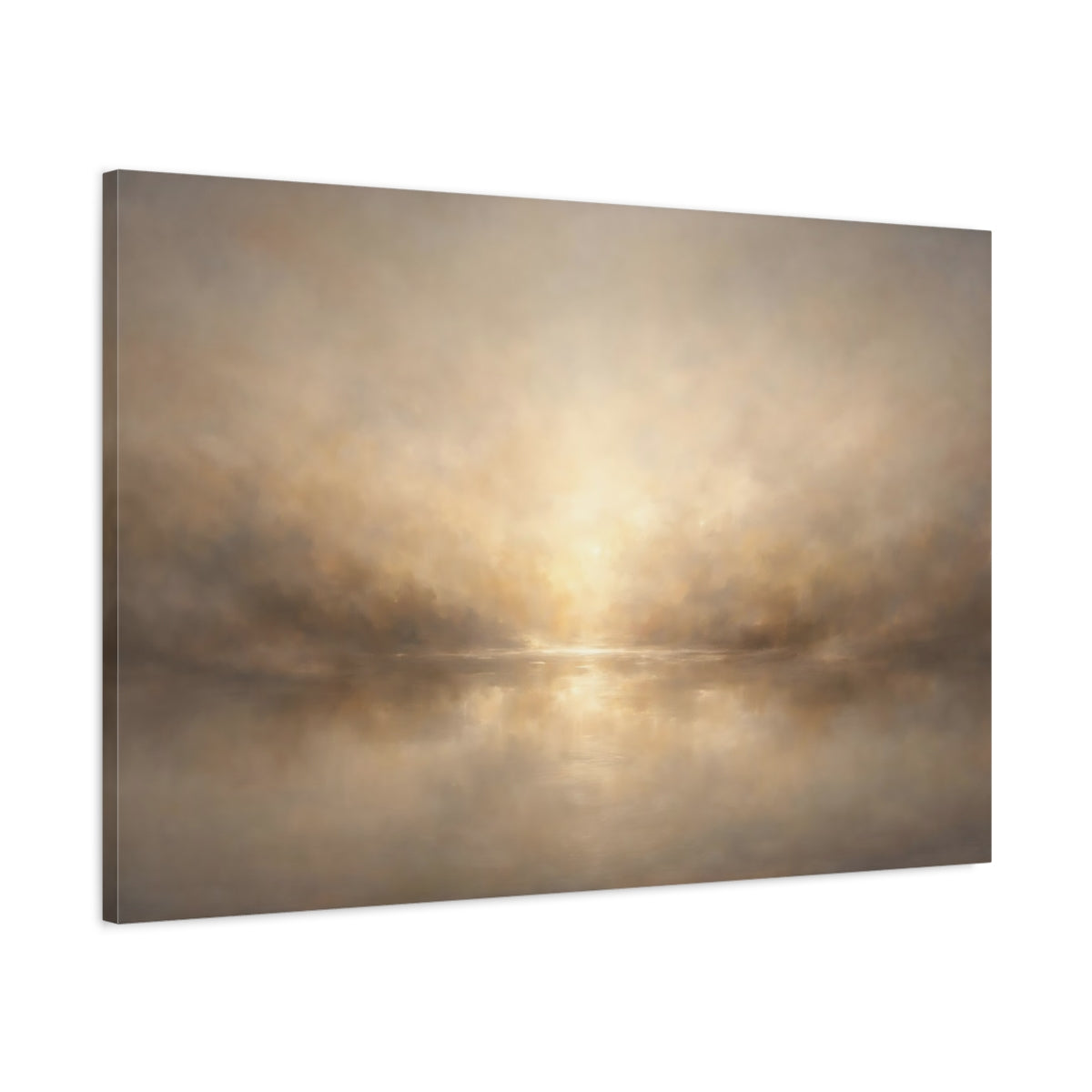 Side Mockup 1. Nature Misty Sunrise Brown And Gold shown as stretched canvas wall art