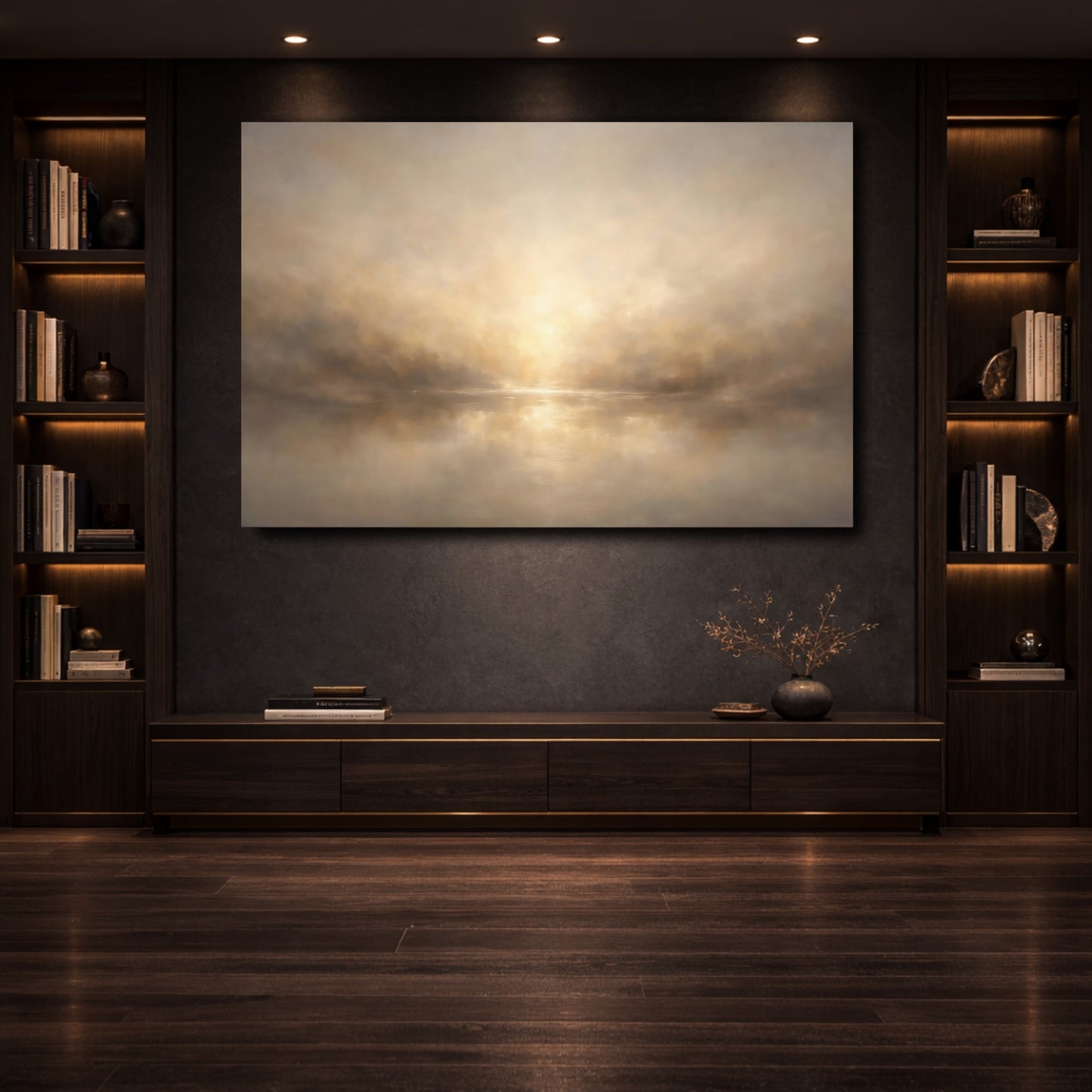 Mockup 3. Nature Misty Sunrise Brown And Gold shown as stretched canvas wall art