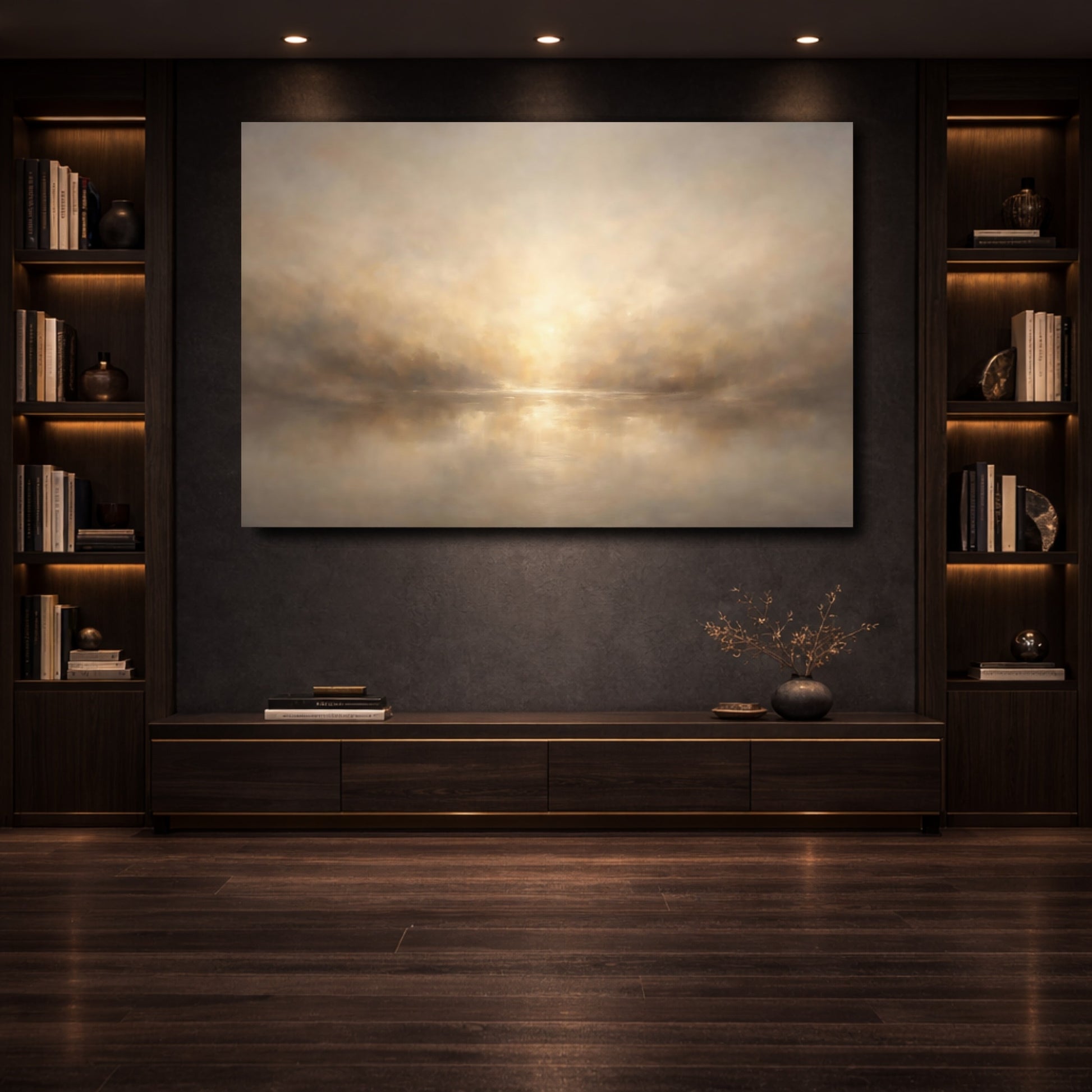 Mockup 3. Nature Misty Sunrise Brown And Gold shown as stretched canvas wall art