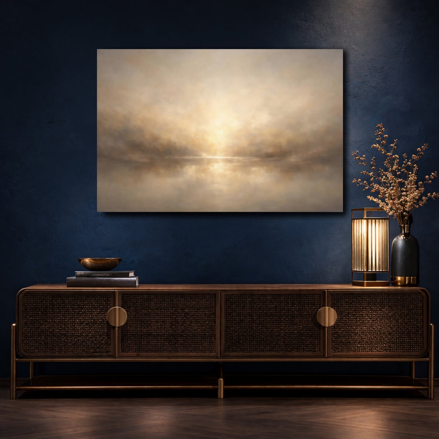 Mockup 4. Nature Misty Sunrise Brown And Gold shown as stretched canvas wall art
