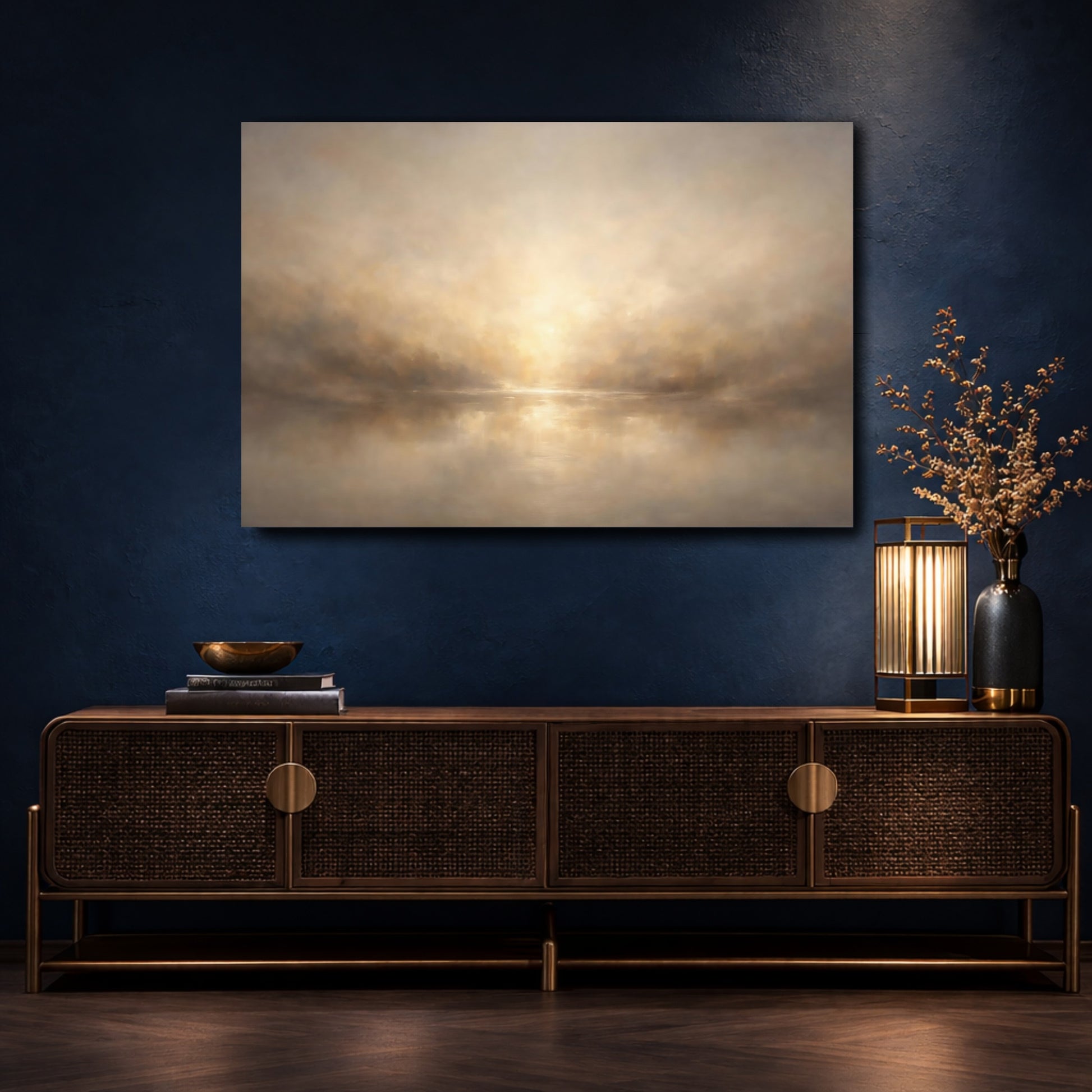 Mockup 4. Nature Misty Sunrise Brown And Gold shown as stretched canvas wall art