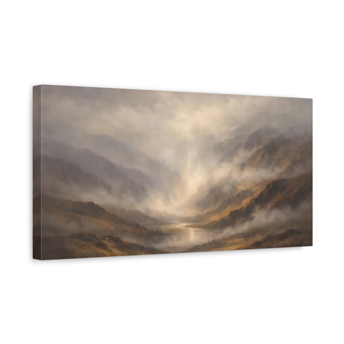 Side Mockup 3. Nature Misty Valley Misty Valley Landscape shown as stretched canvas wall art