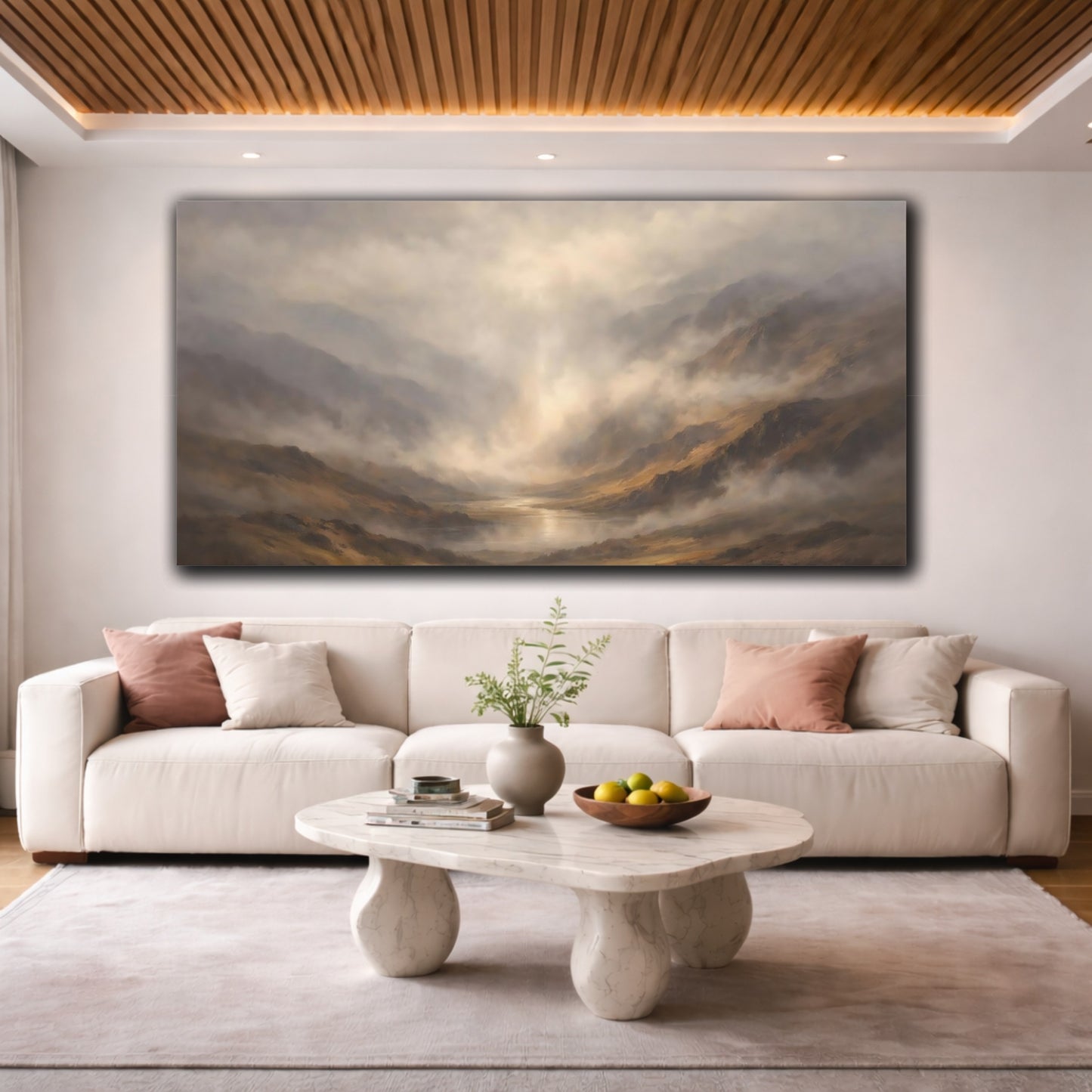 Mockup 3. Nature Misty Valley Misty Valley Landscape shown as stretched canvas wall art