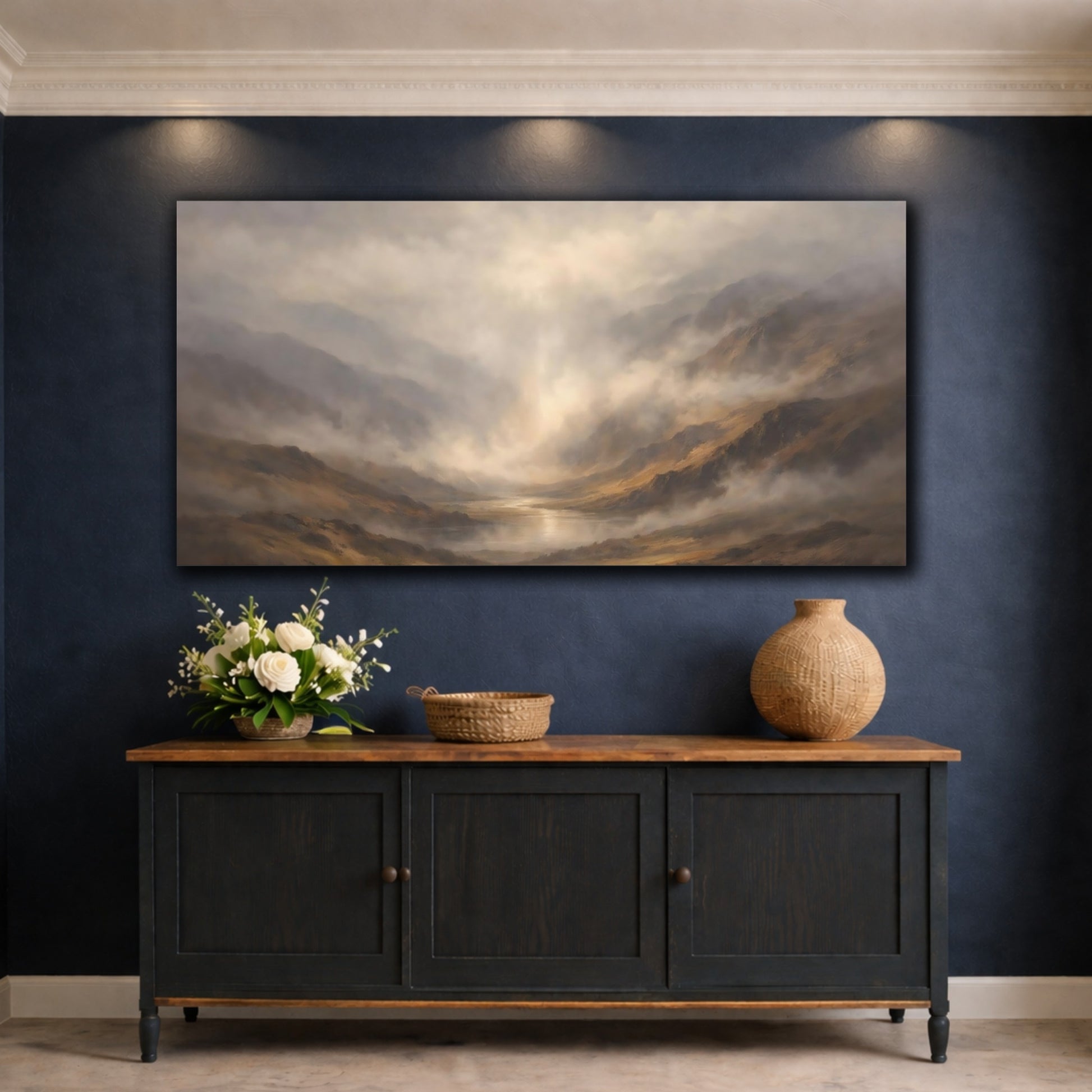 Mockup 4. Nature Misty Valley Misty Valley Landscape shown as stretched canvas wall art
