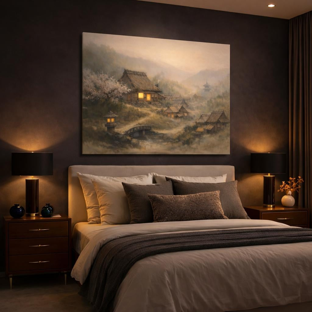 Nature Misty Village Misty Japanese Village shown as canvas wall art in a luxury bedroom