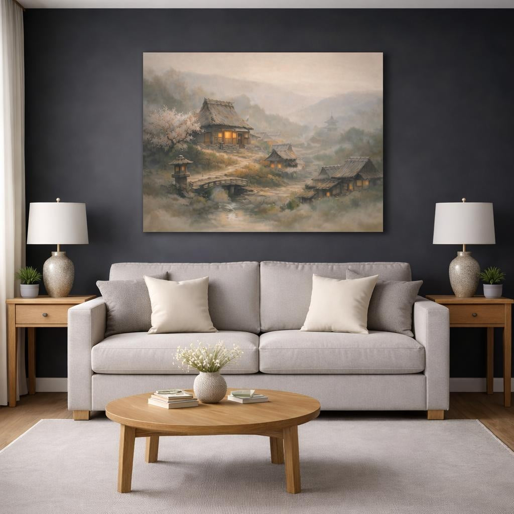 Nature Misty Village Misty Japanese Village shown as canvas wall art in a modern living room