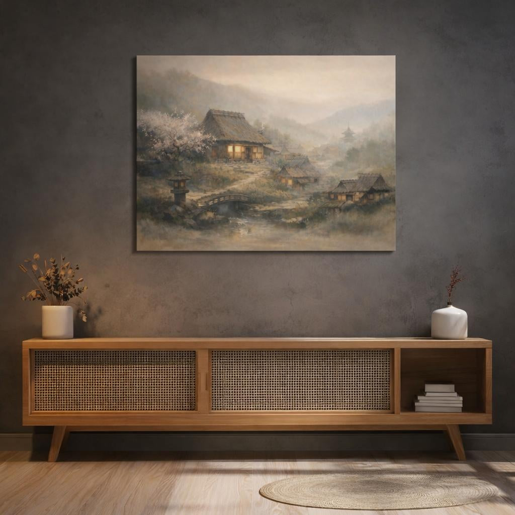 Nature Misty Village Misty Japanese Village shown as canvas wall art in a sophisticated contemporary living space