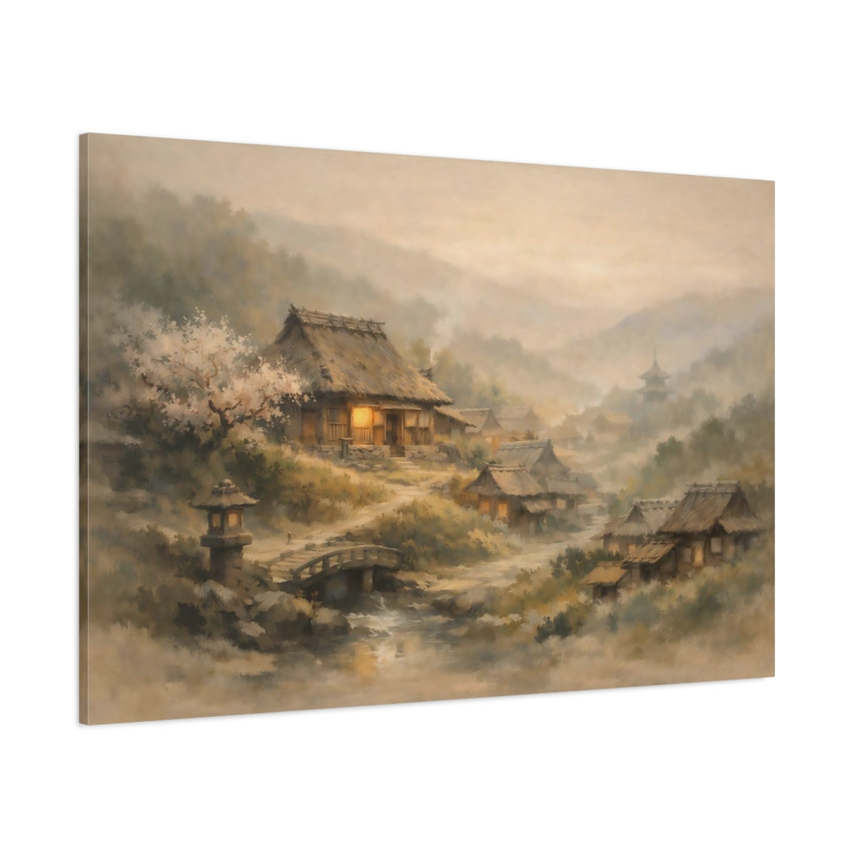 Nature Misty Village Misty Japanese Village shown as stretched canvas wall art
