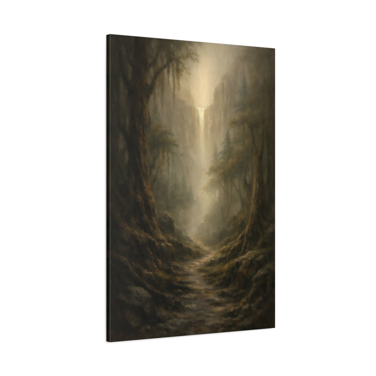 Main Mockup. Nature Misty Waterfall Brown And Gold Landscape shown as stretched canvas wall art