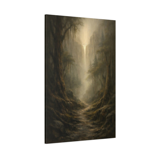 Main Mockup. Nature Misty Waterfall Brown And Gold Landscape shown as stretched canvas wall art