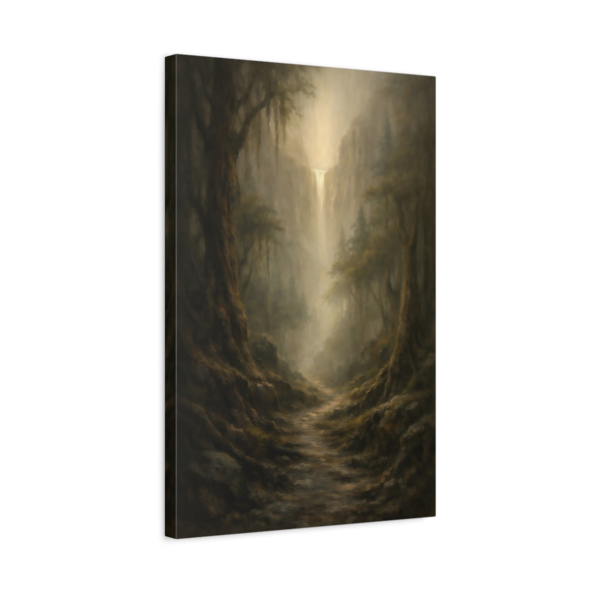 Side Mockup 3. Nature Misty Waterfall Brown And Gold Landscape shown as stretched canvas wall art