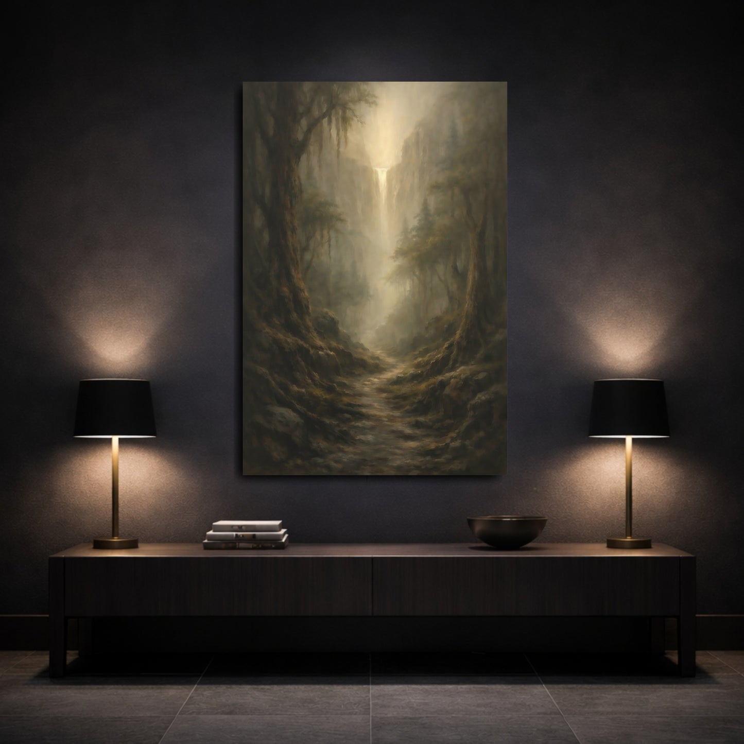Mockup 2. Nature Misty Waterfall Brown And Gold Landscape shown as stretched canvas wall art