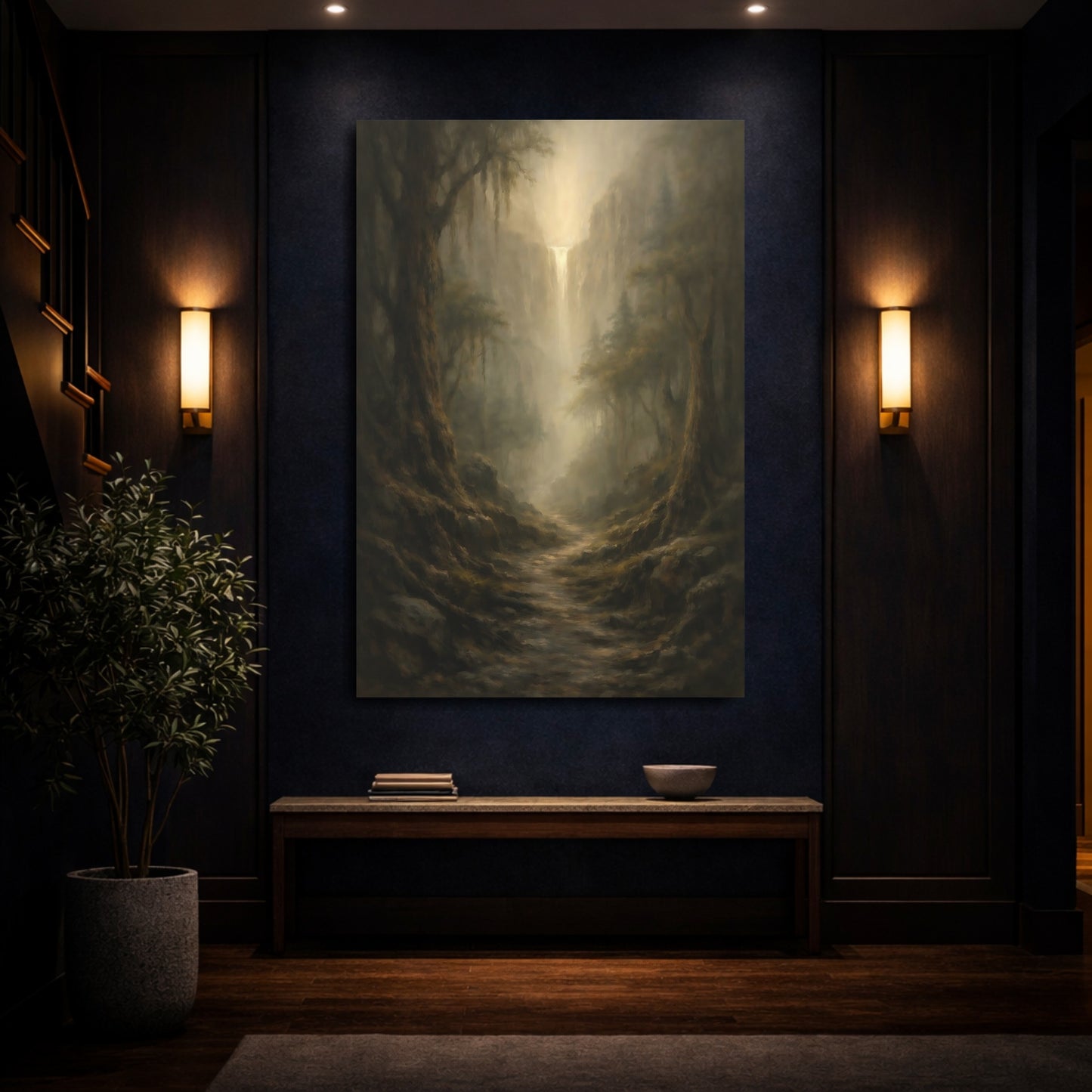 Mockup 3. Nature Misty Waterfall Brown And Gold Landscape shown as stretched canvas wall art
