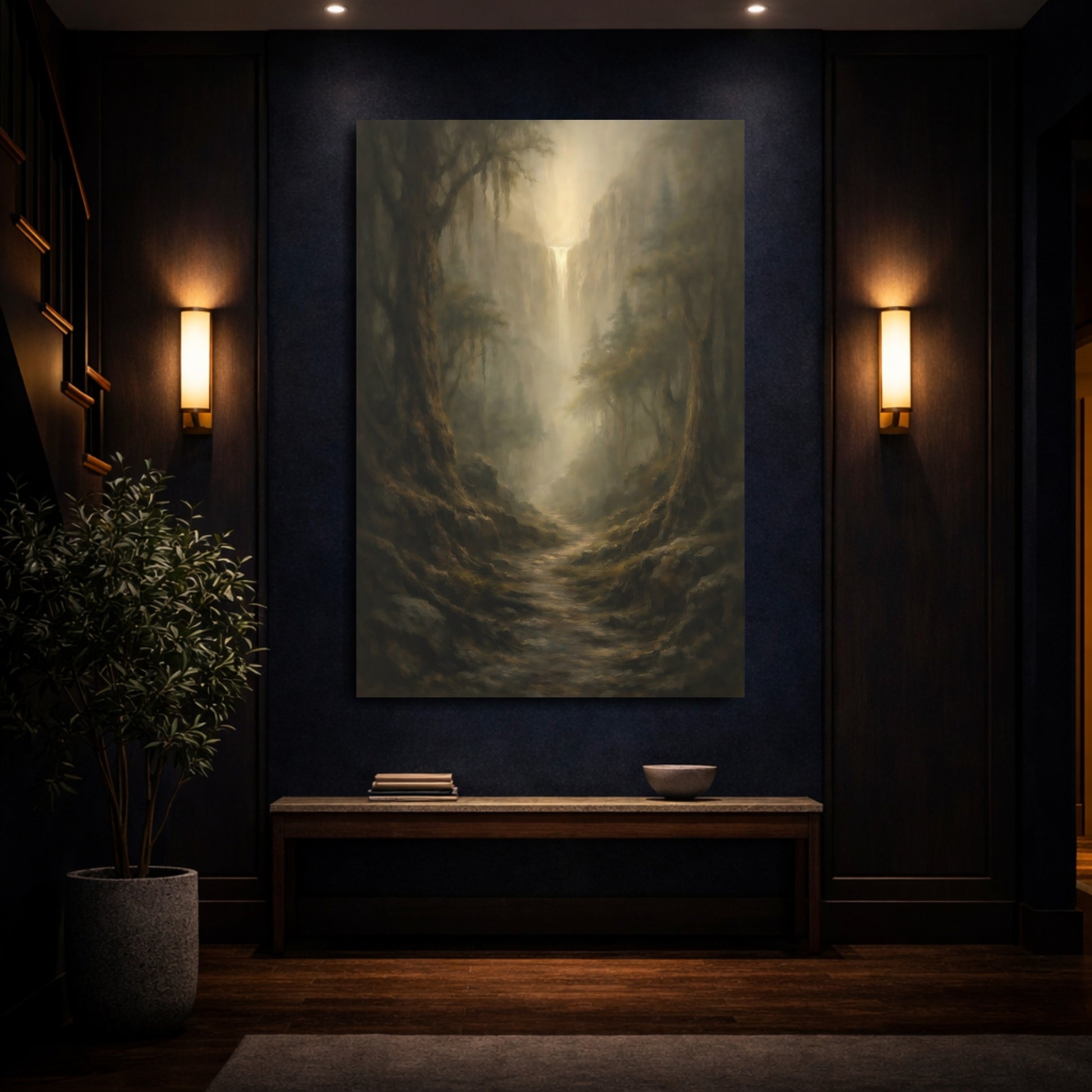 Mockup 3. Nature Misty Waterfall Brown And Gold Landscape shown as stretched canvas wall art