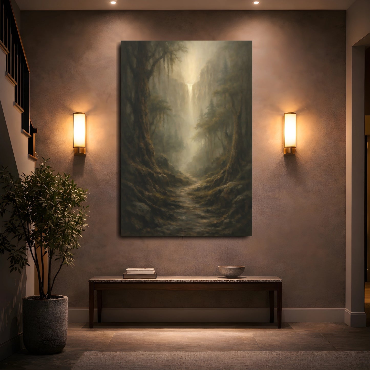 Mockup 4. Nature Misty Waterfall Brown And Gold Landscape shown as stretched canvas wall art