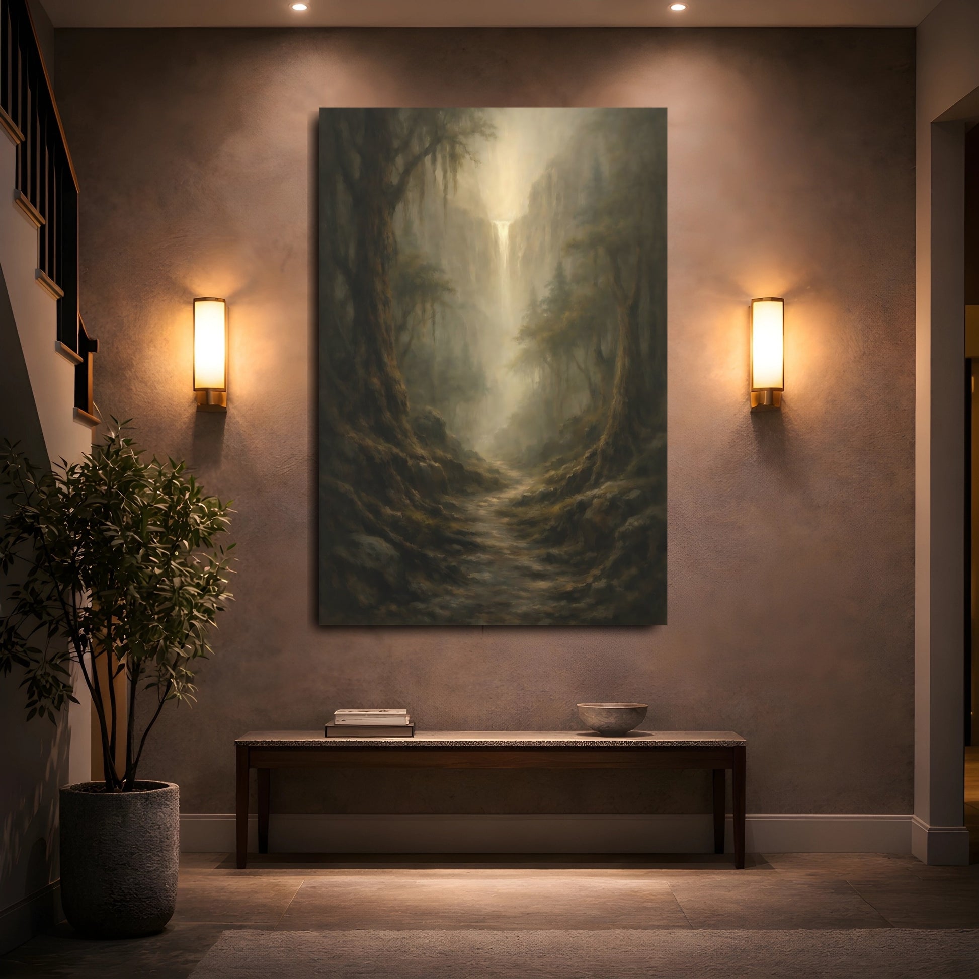 Mockup 4. Nature Misty Waterfall Brown And Gold Landscape shown as stretched canvas wall art