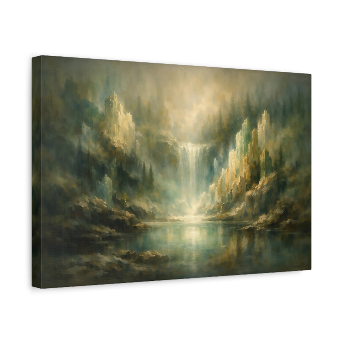 Side Mockup 4. Nature Misty Waterfall Misty Green Gold shown as stretched canvas wall art