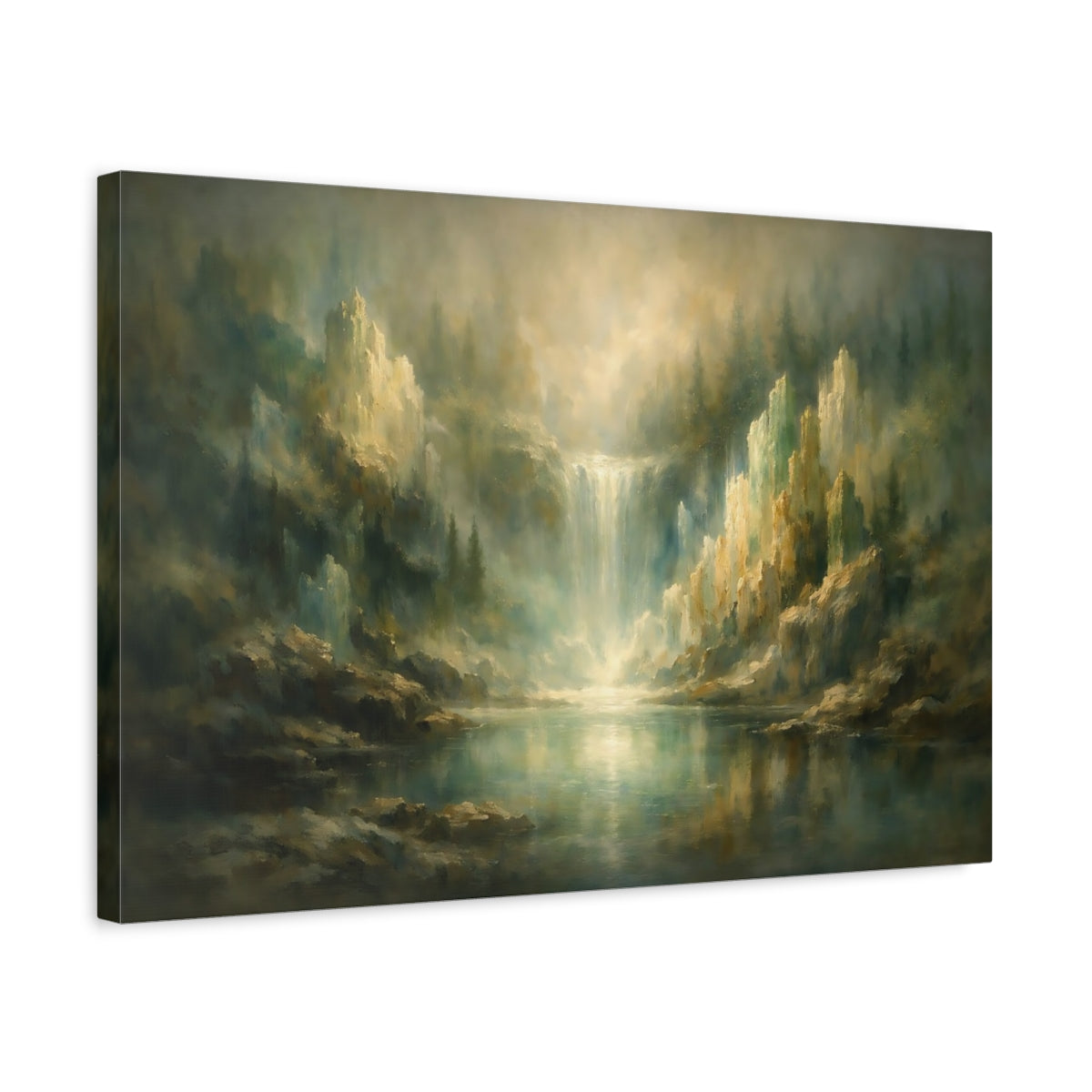 Side Mockup 3. Nature Misty Waterfall Misty Green Gold shown as stretched canvas wall art