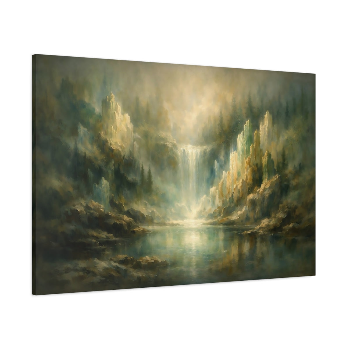 Main Mockup. Nature Misty Waterfall Misty Green Gold shown as stretched canvas wall art