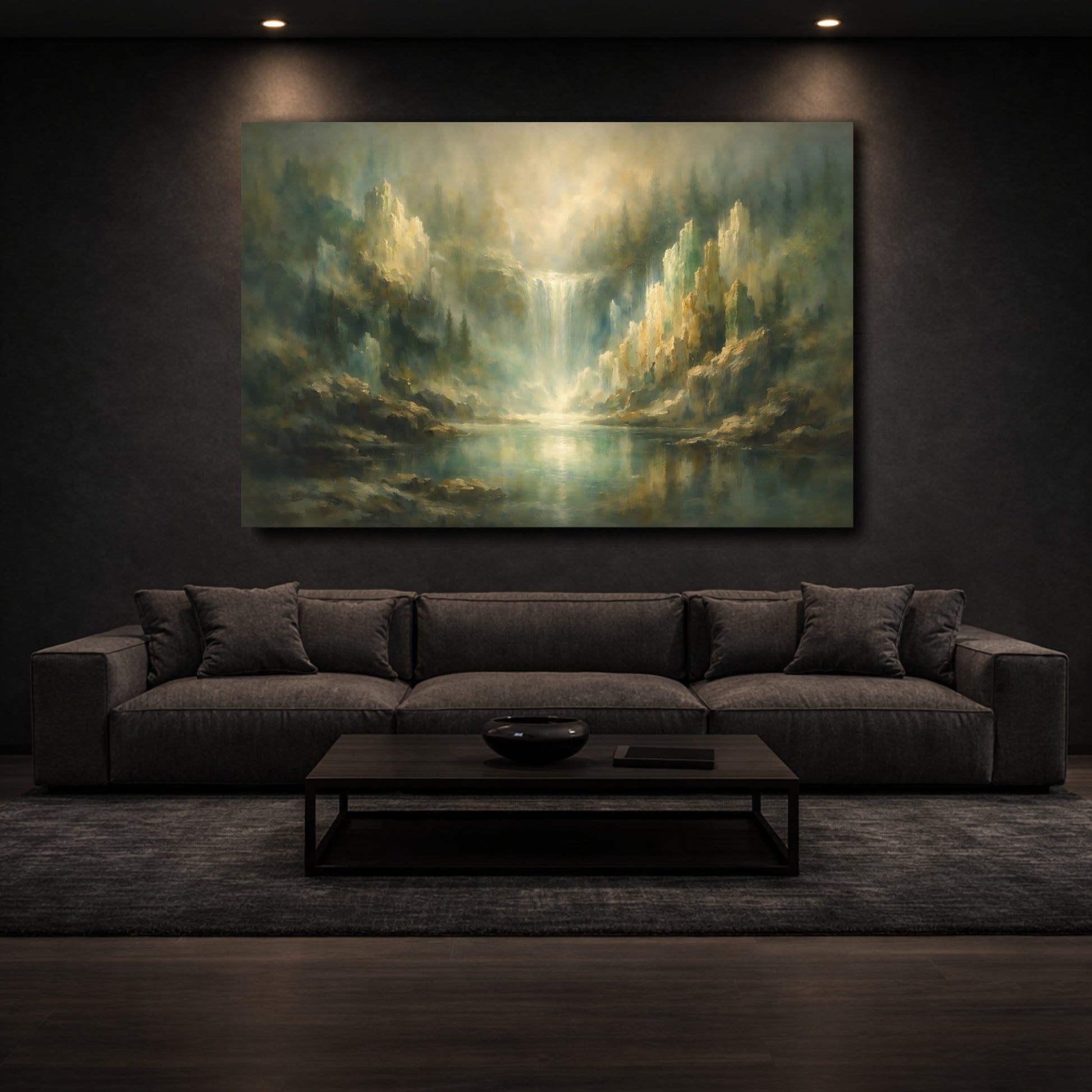 Mockup 2. Nature Misty Waterfall Misty Green Gold shown as stretched canvas wall art