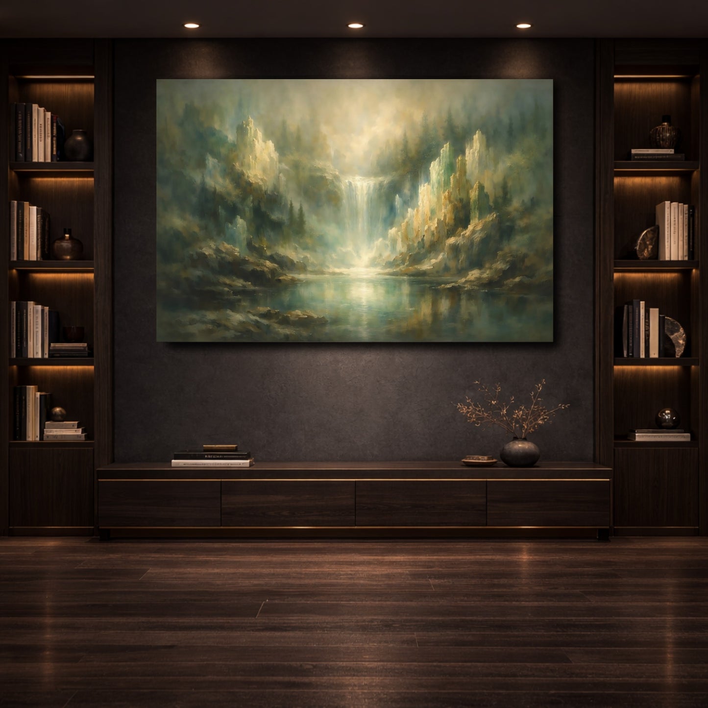 Mockup 3. Nature Misty Waterfall Misty Green Gold shown as stretched canvas wall art