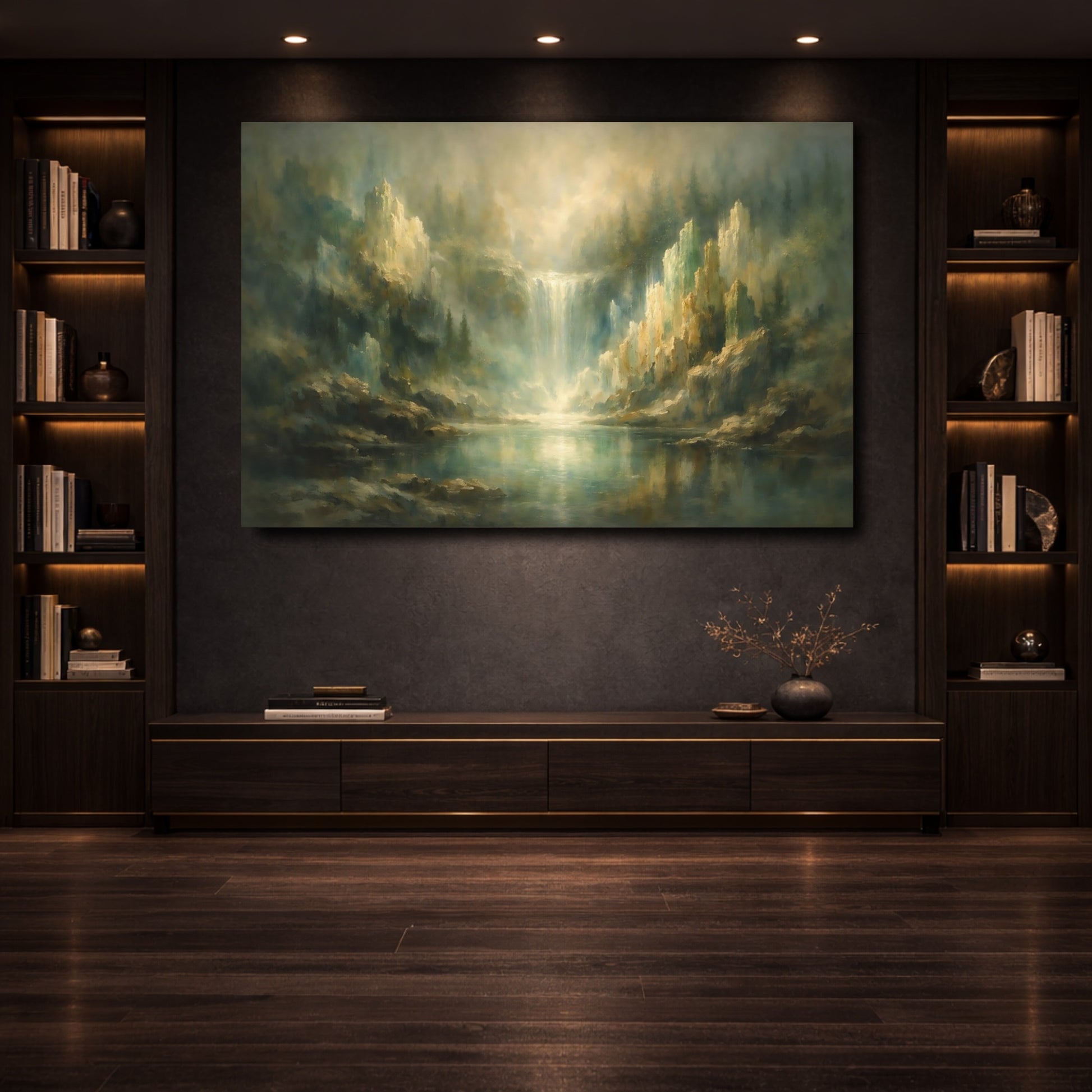 Mockup 3. Nature Misty Waterfall Misty Green Gold shown as stretched canvas wall art