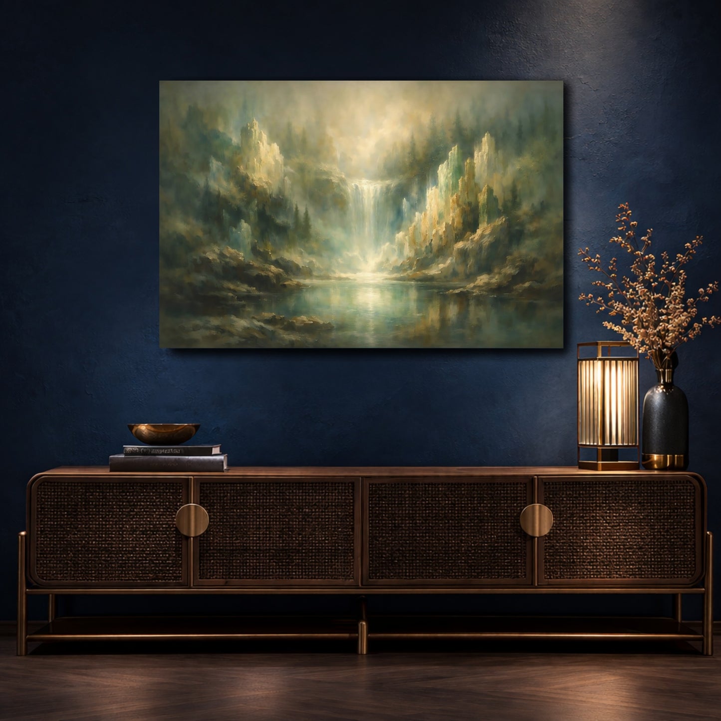 Mockup 4. Nature Misty Waterfall Misty Green Gold shown as stretched canvas wall art