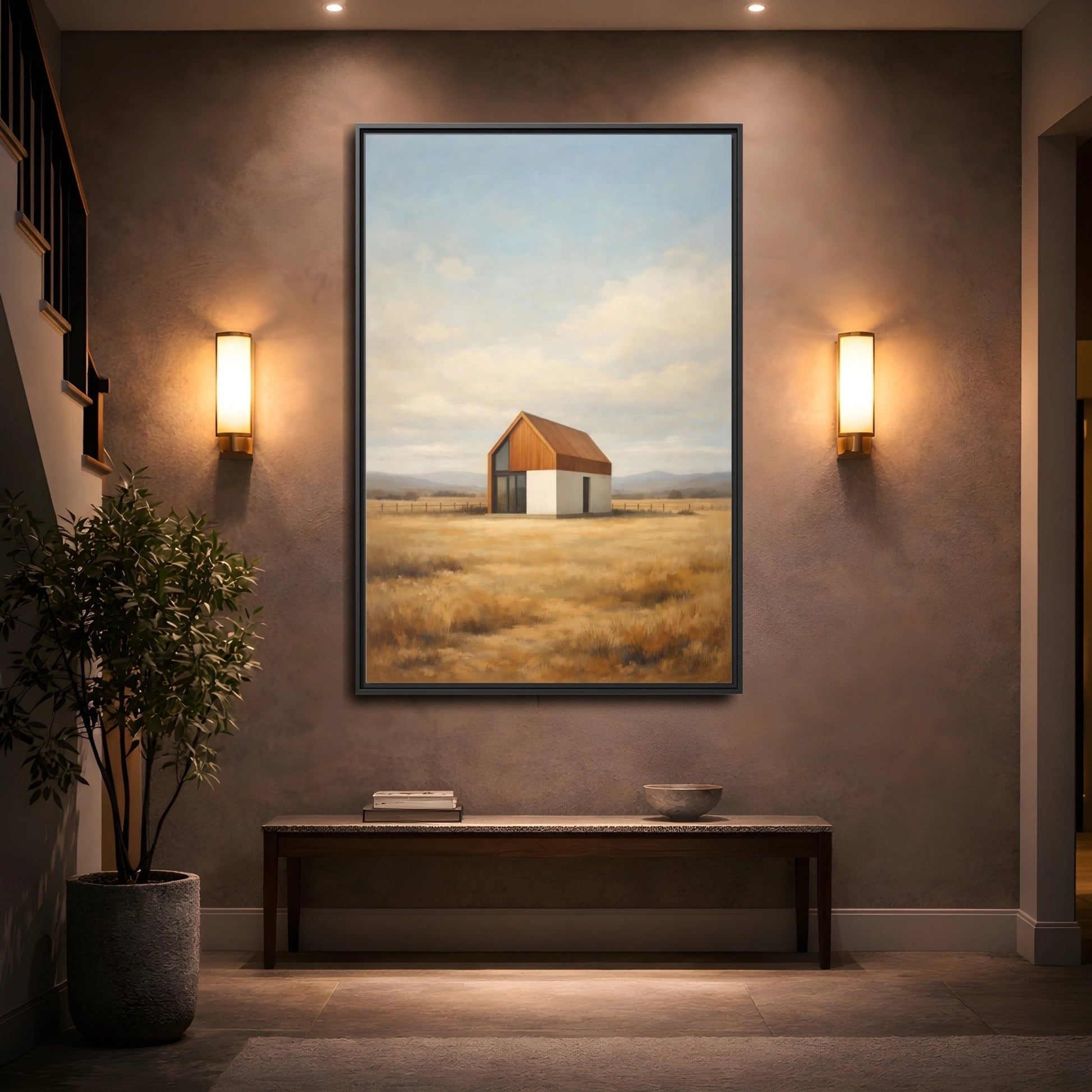Nature Modern House Golden - Framed Canvas Wall Art Print - YesArtYes