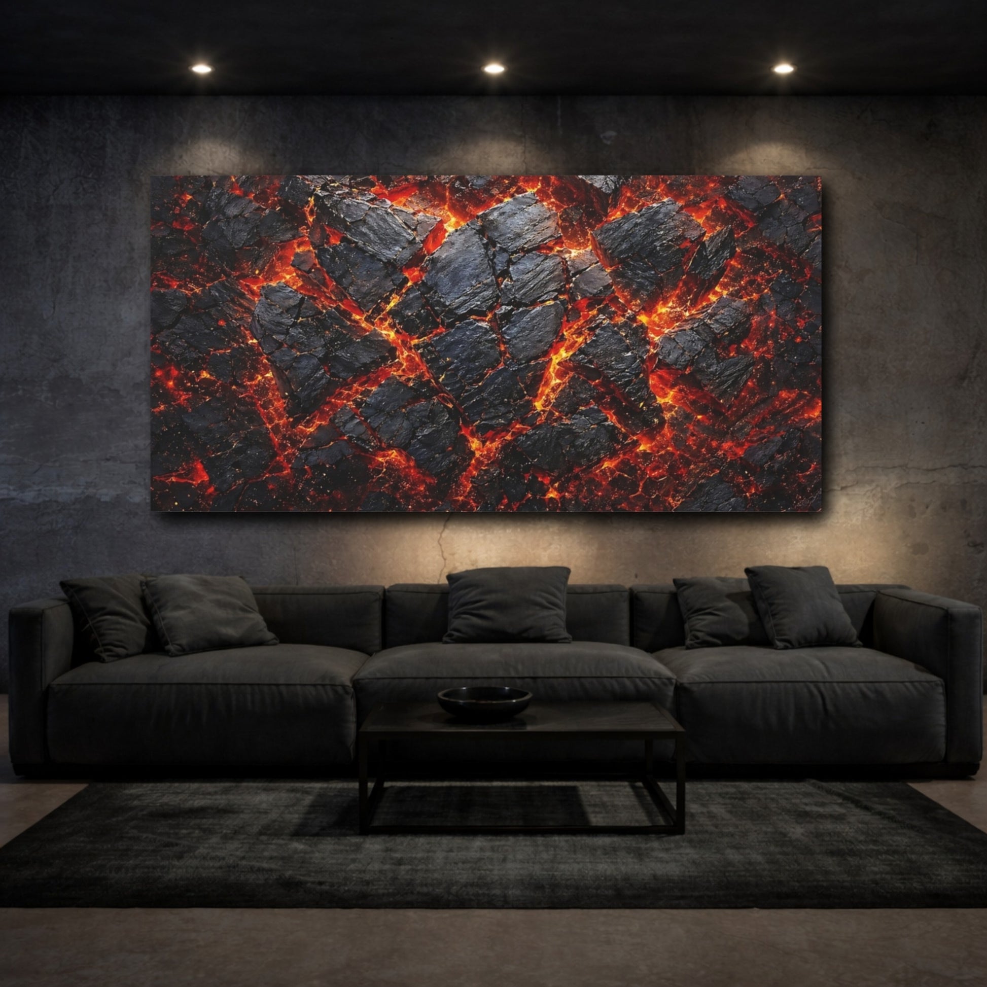 Mockup 2. Nature Molten Lava Black And Orange Lava shown as stretched canvas wall art