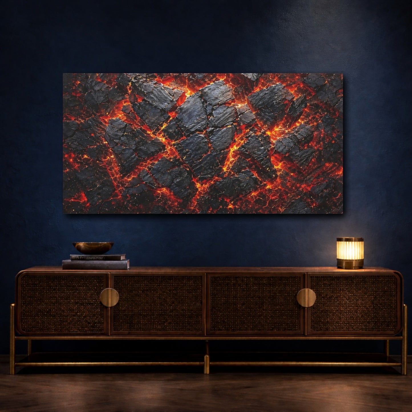 Mockup 4. Nature Molten Lava Black And Orange Lava shown as stretched canvas wall art