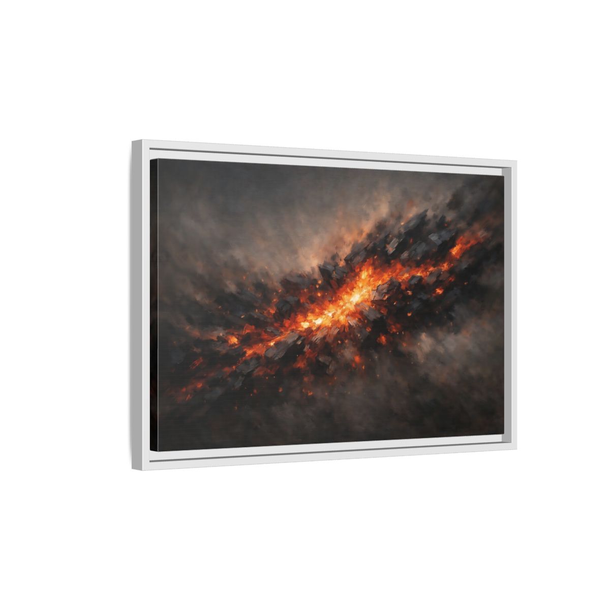 Side Mockup 1. Nature Molten Rock Orange And Black shown as stretched canvas wall art