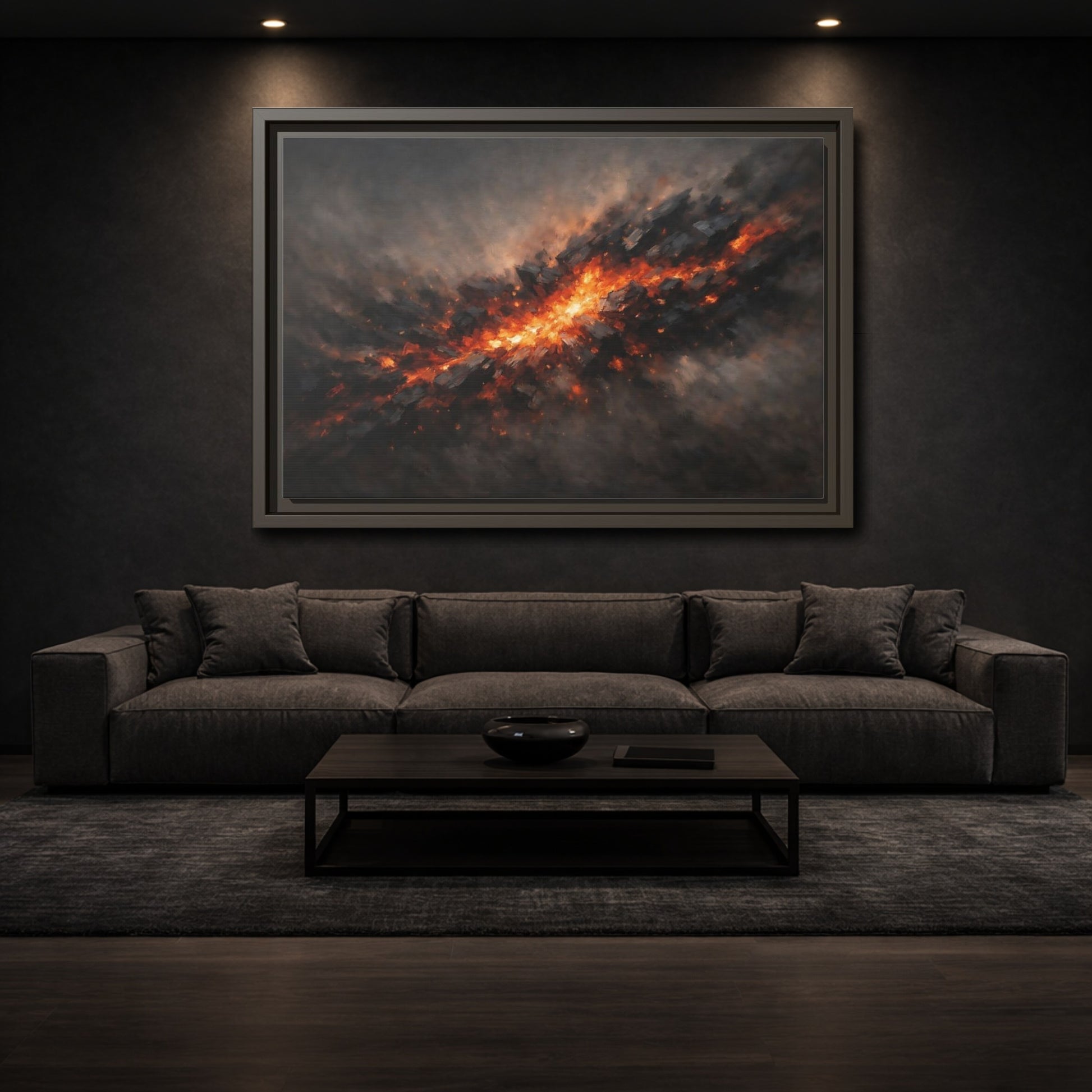 Mockup 2. Nature Molten Rock Orange And Black shown as stretched canvas wall art