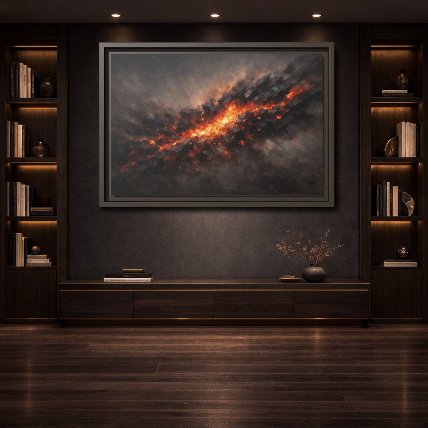 Mockup 3. Nature Molten Rock Orange And Black shown as stretched canvas wall art
