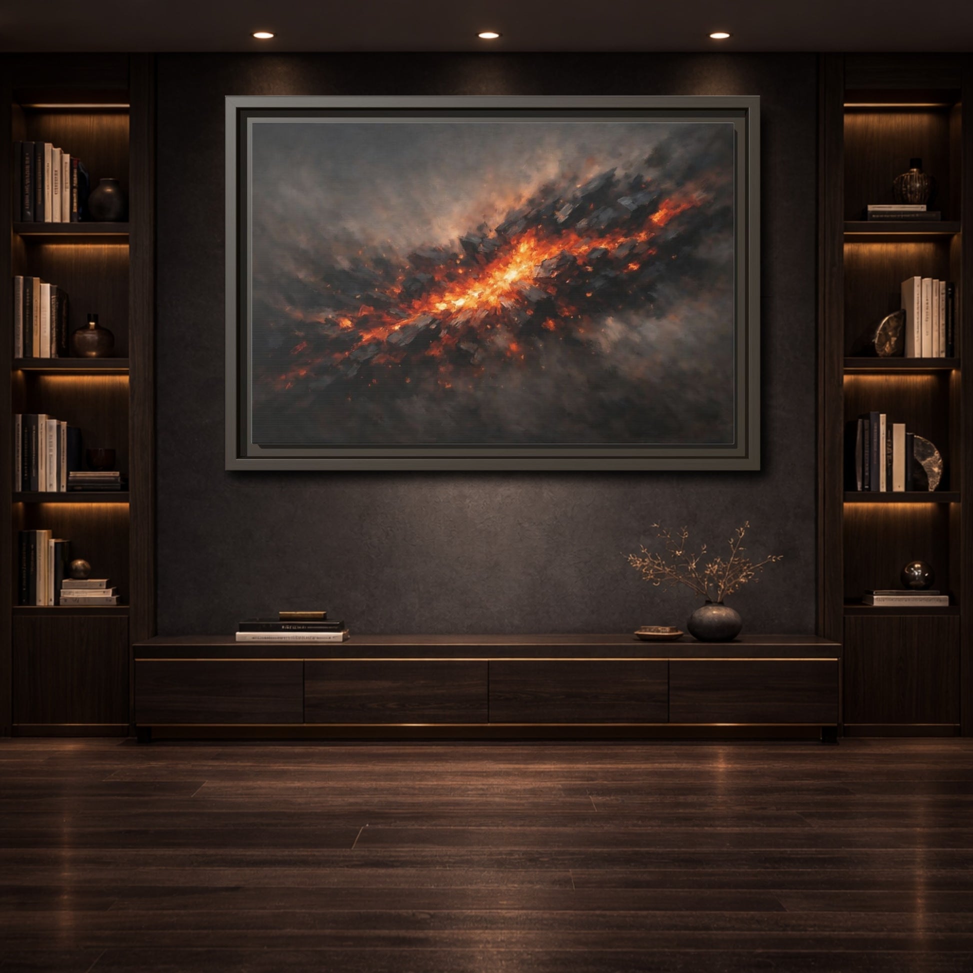 Mockup 3. Nature Molten Rock Orange And Black shown as stretched canvas wall art