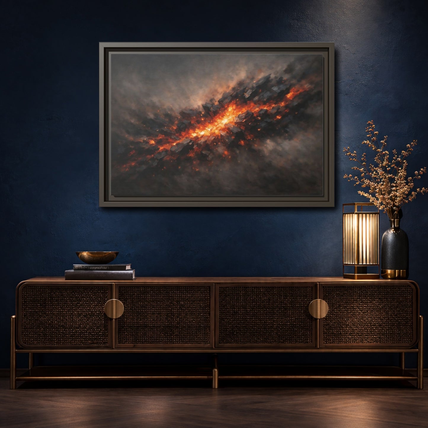 Mockup 4. Nature Molten Rock Orange And Black shown as stretched canvas wall art